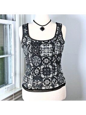 Whimsigoth Y2K Black and White Lace Tank Top Large Stretch Mesh Hem Fary Grunge